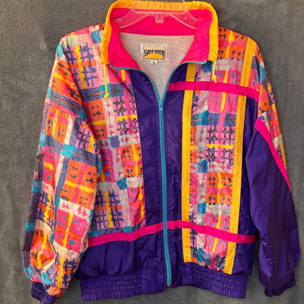 Vintage 90s Neon Print Womens S‎ Full Zip Baggy Windbreaker Jacket Abstract